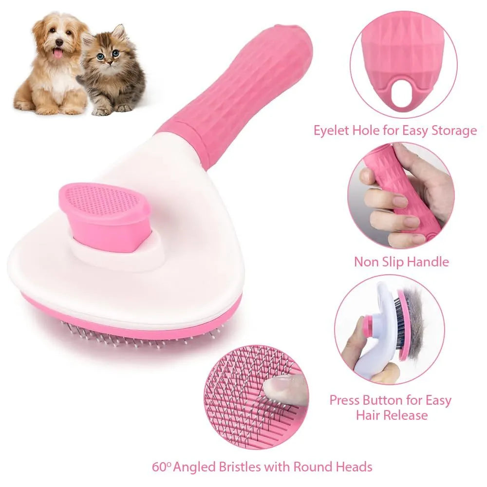 Blue cat grooming brush with a release button on the handle and fine wire bristles.