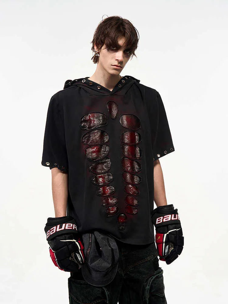 Black men's hooded short-sleeve t-shirt with scattered sequins on loose-fit casual design