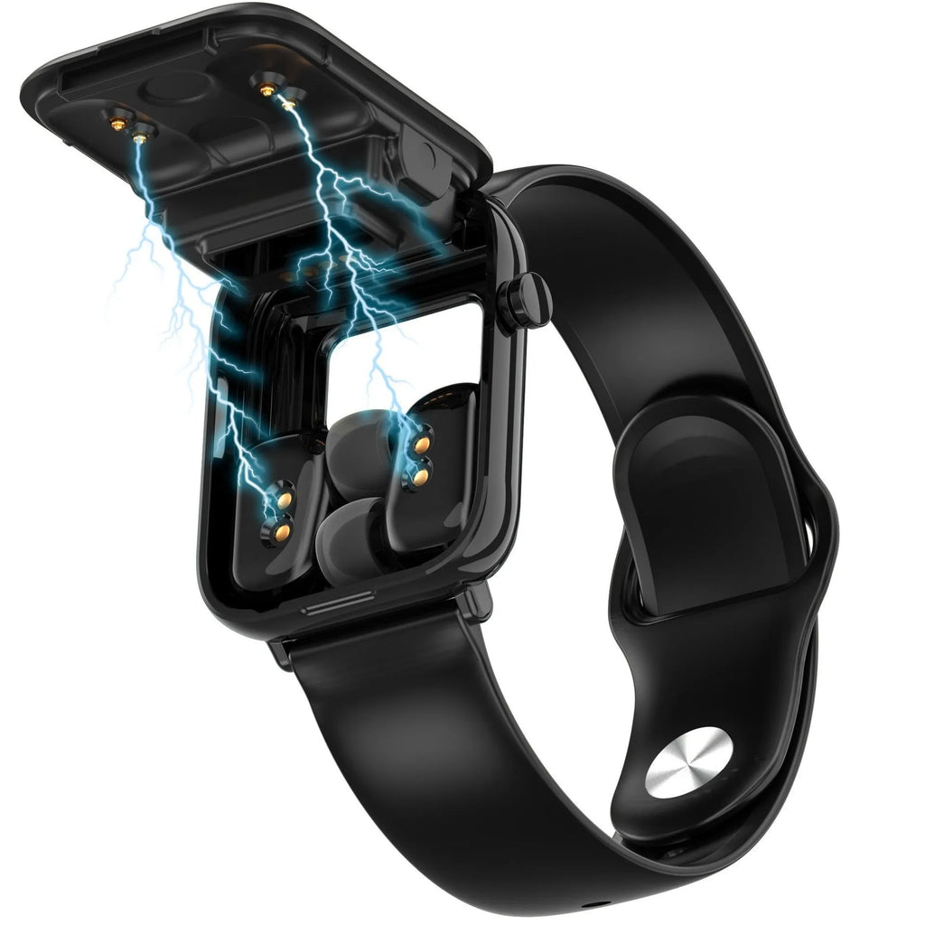 Black zinc alloy smartwatch with Bluetooth earpieces in charging case on a white background.
