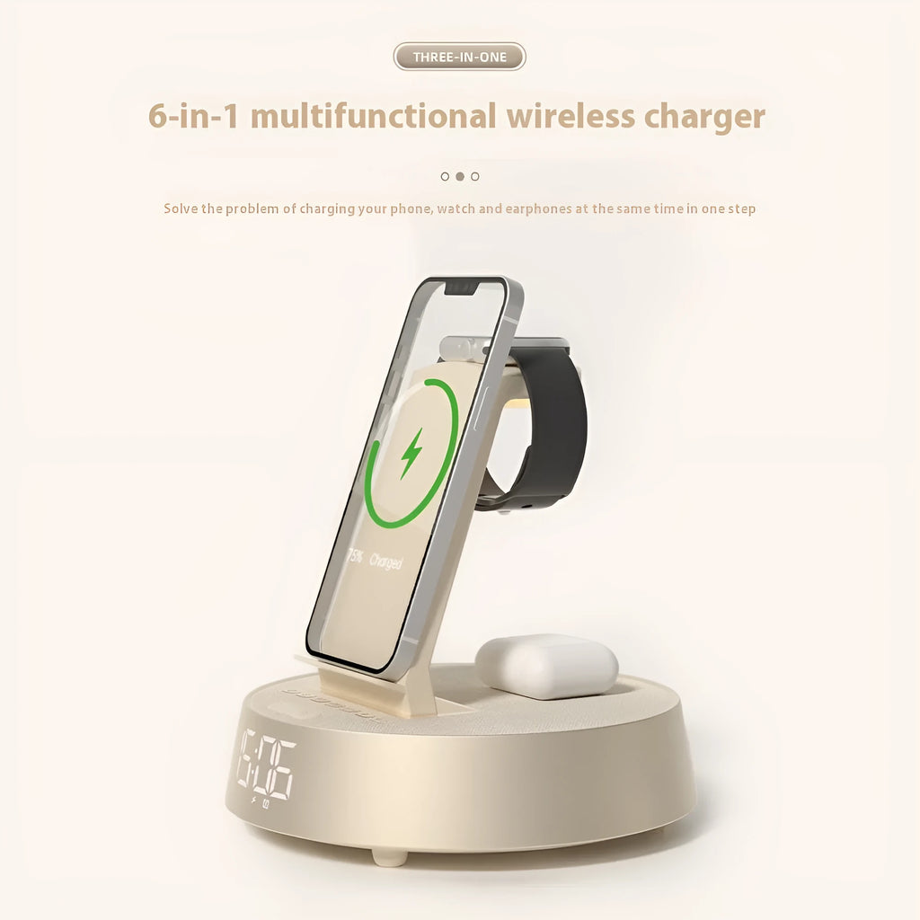 Wireless Bluetooth speaker alarm clock with phone holder in creamy-white colour on a wooden bedside table