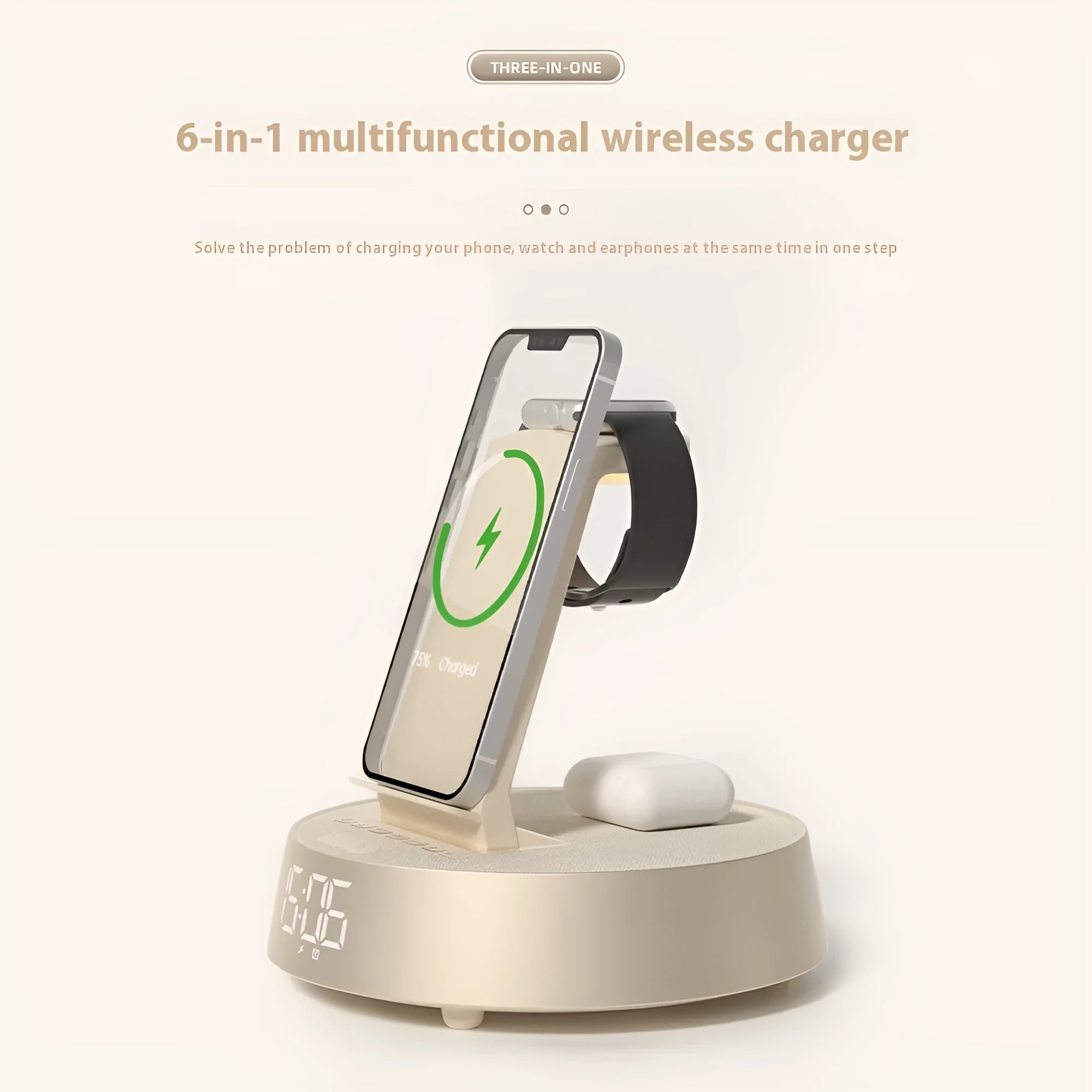 Wireless Bluetooth speaker alarm clock with phone holder in creamy-white colour on a wooden bedside table