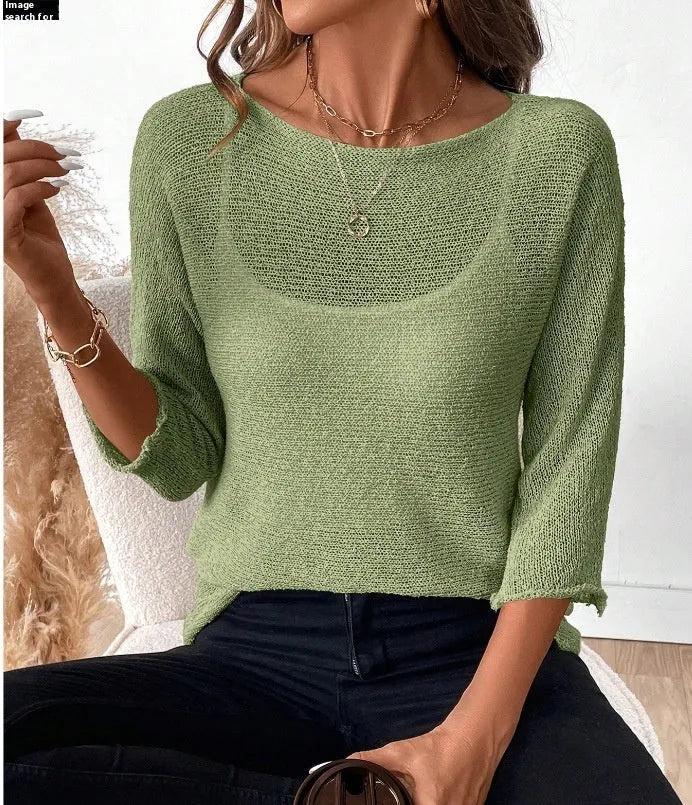 Women's thin knitted off-the-shoulder pullover top in light blue with a 3D pattern.