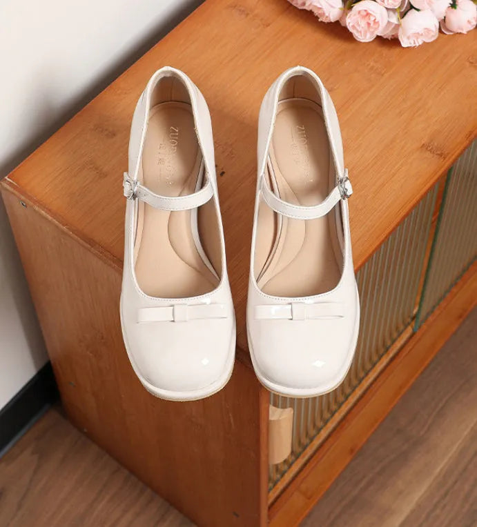 Chunky heel round toe Mary Jane shoes in solid colour, patent leather upper, low top for women