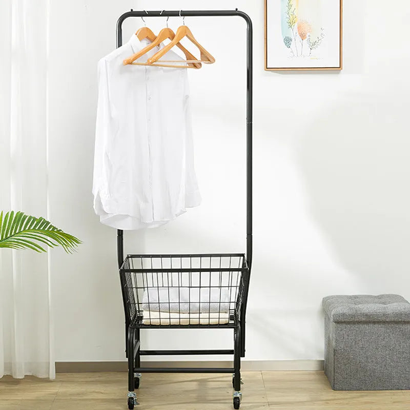 White iron pulley storage car with single rod for hanging clothes and garments