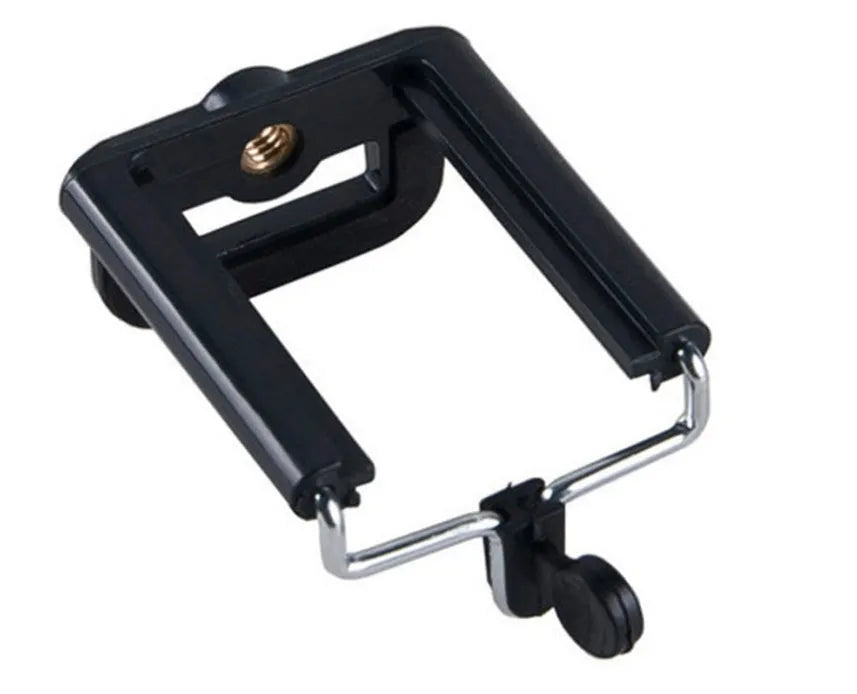 Compact mini desktop tripod with extendable aluminium legs and a black U-shaped phone clip attached.