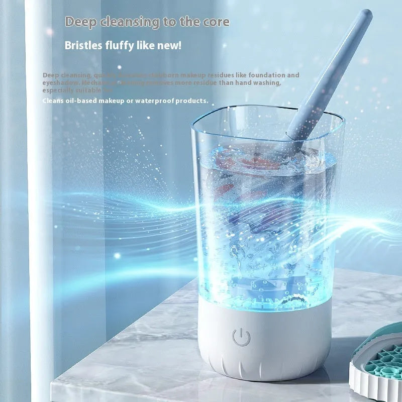 White rechargeable electric makeup brush cleaning device with USB charging cable