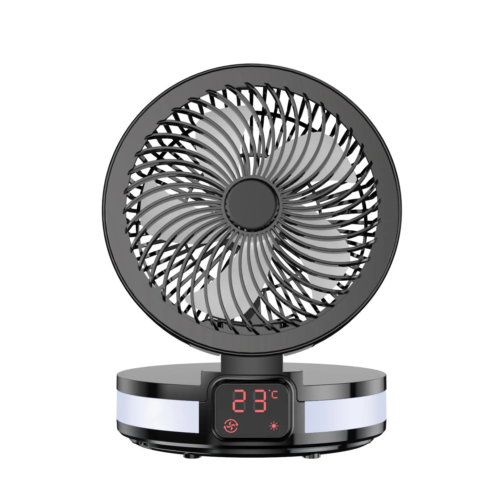 Portable 7-inch rechargeable folding desk fan with LED lamp and aromatherapy, white colour, placed on a table