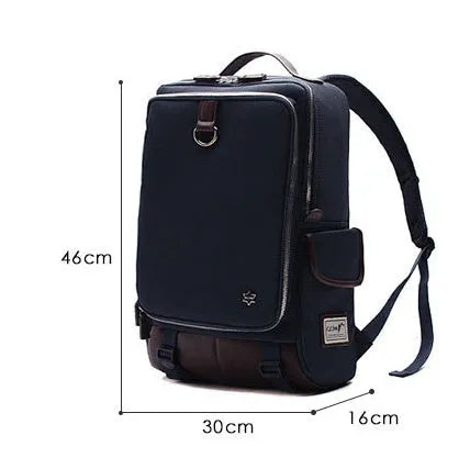 Modern men's large backpack in Oxford cloth, shown in army green colour, with dimensions 30cm by 16cm by 46cm.