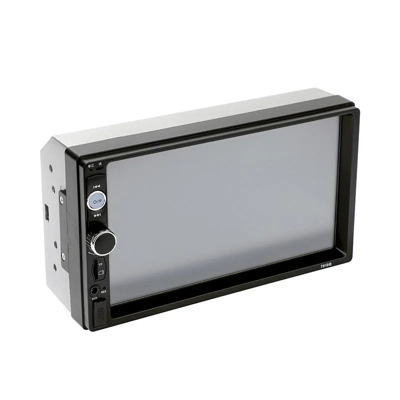 Car MP5 player with 7-inch LCD screen and black faceplate showing radio controls and colourful lights