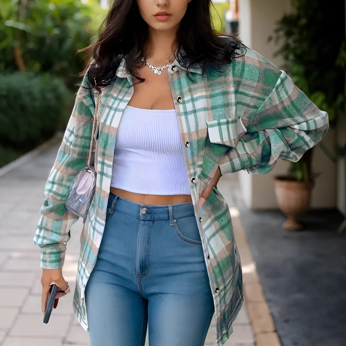 Women's lapel plaid pocket long sleeve shirt jacket in blue, polyester, casual cardigan style