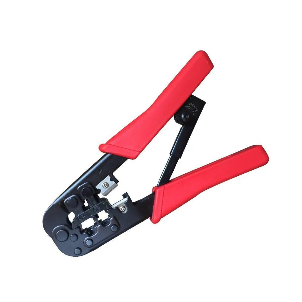 Red high carbon steel crimping tool with round mouth and flame retardant handles