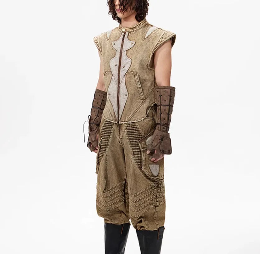 Korean style dark knight pleated denim vest in picture colour on a model.