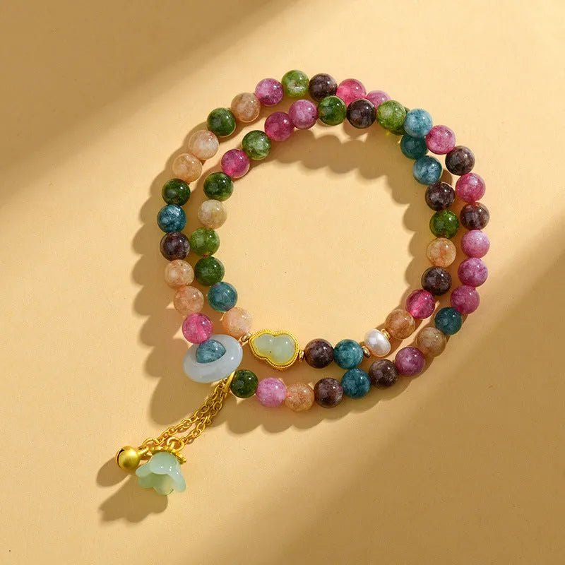 Chalcedony double circle bracelet with 6-6.5mm beads in a geometric design.