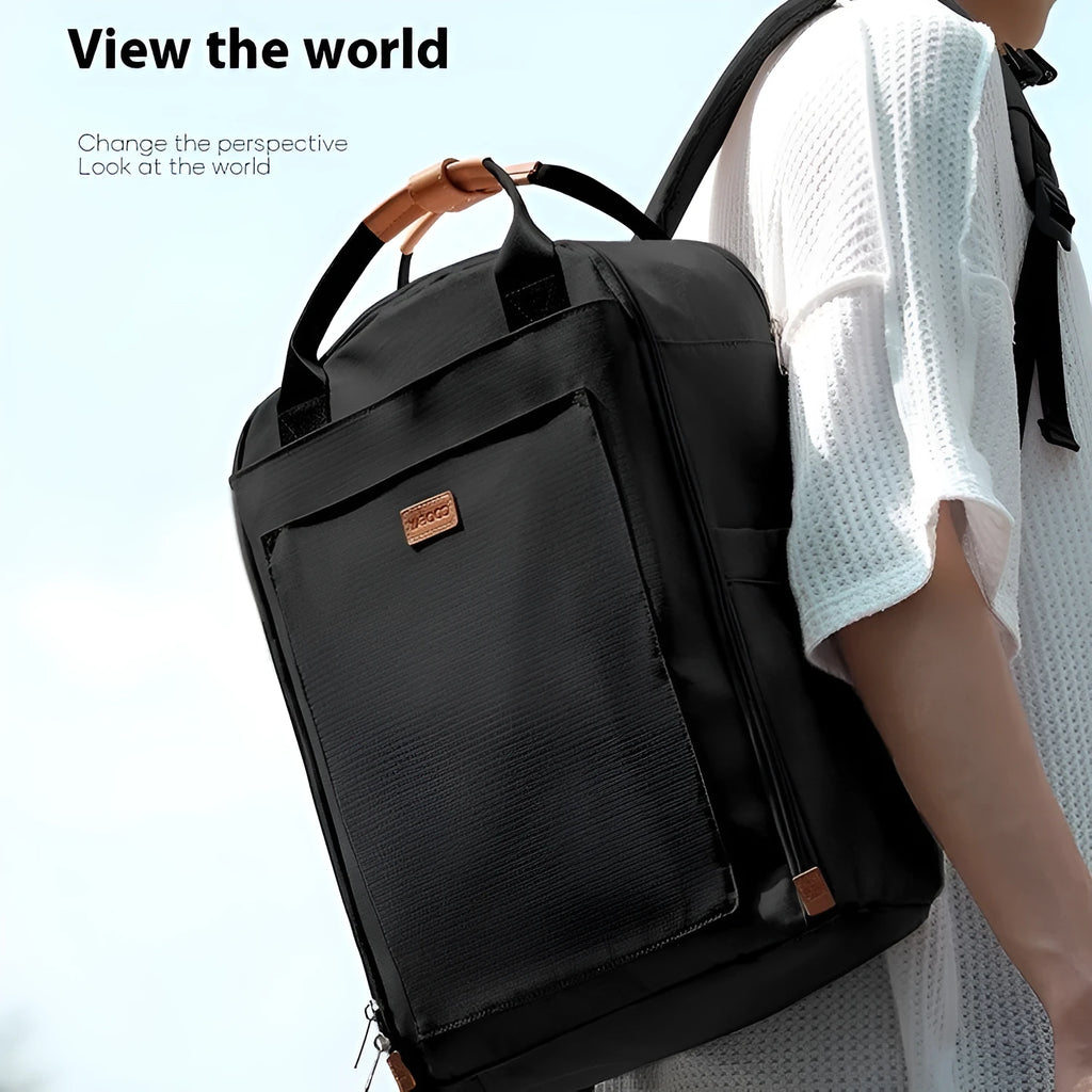 Unisex nylon backpack in black or creamy-white with curved shoulder strap and 20-35L business travel capacity
