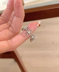 Lace hollow five petal flower ring made of copper with electroplated finish for women.