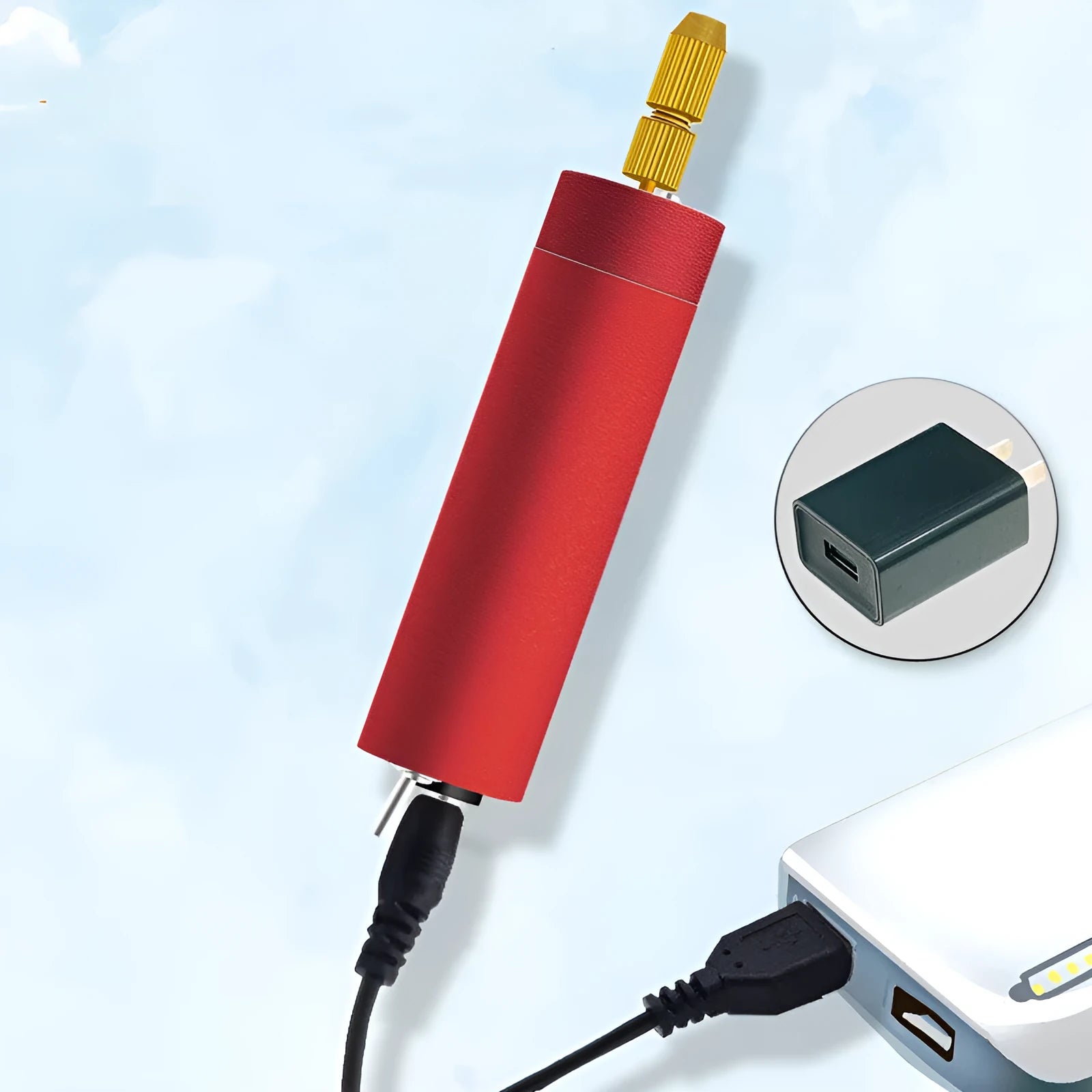Micro USB electric grinder tool kit with three small drill bits on a white background.