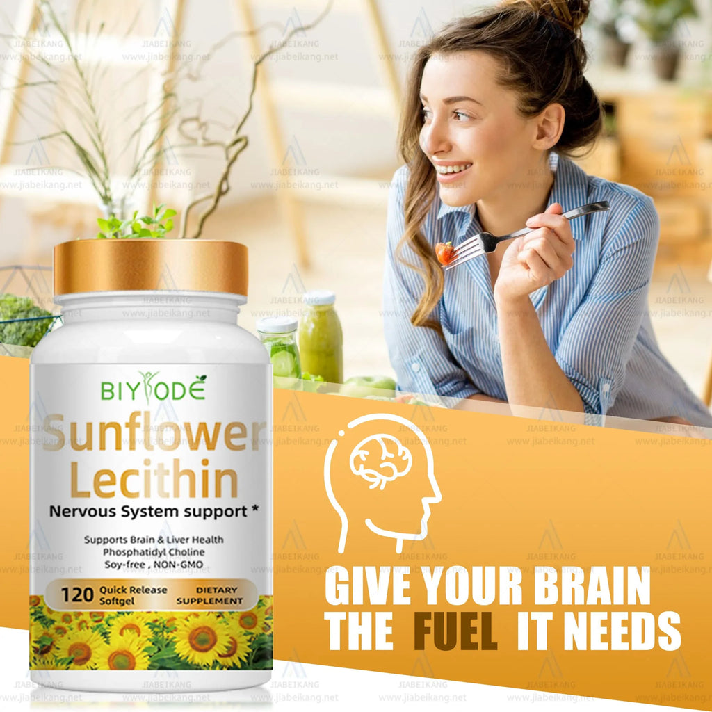 Bottle of sunflower lecithin softgels, 120 capsules, OEM private label supplement with custom colours and flavours