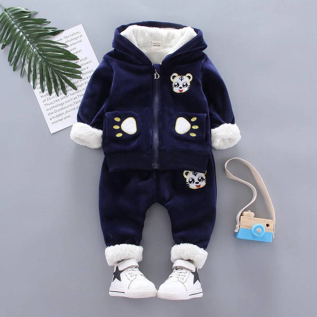 Golden mink plush winter tracksuit set with cartoon animal pattern for children, available in navy blue