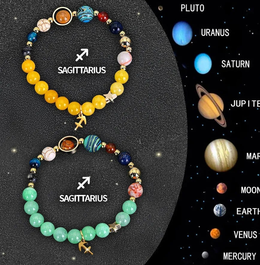 Set of two natural stone beaded bracelets showing zodiac sign designs for a complete astrological collection.