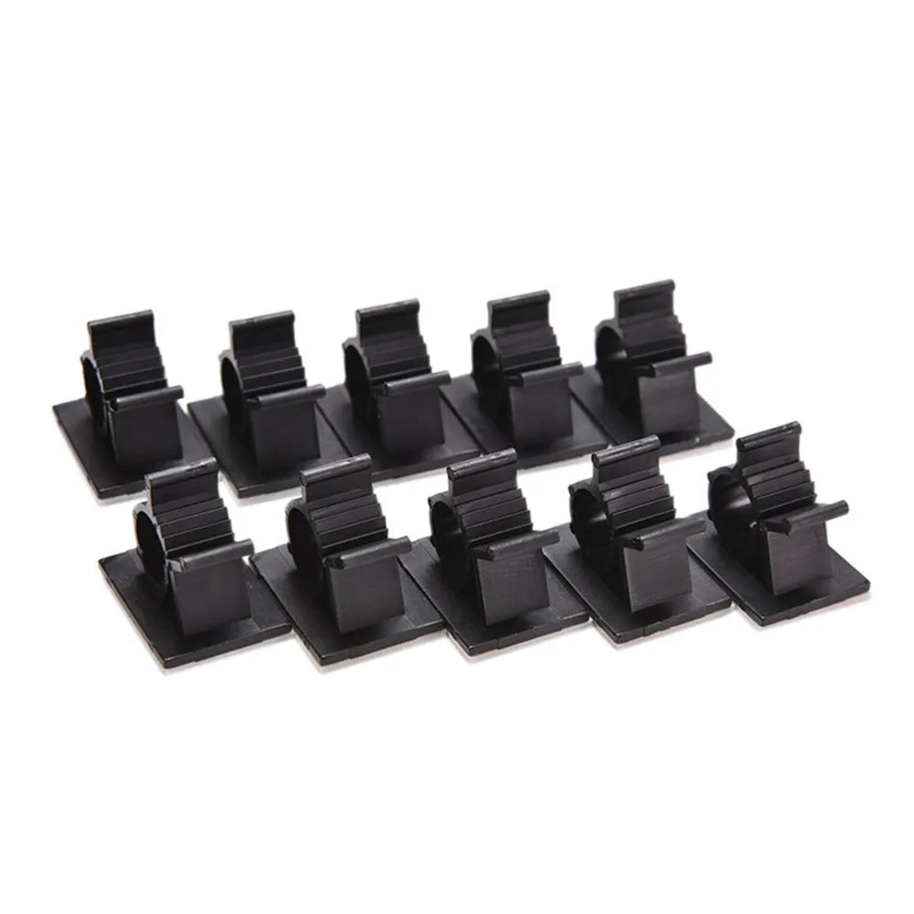 Black nylon adhesive cable clamps in a pack of 10 for securing wires up to 13mm thick.