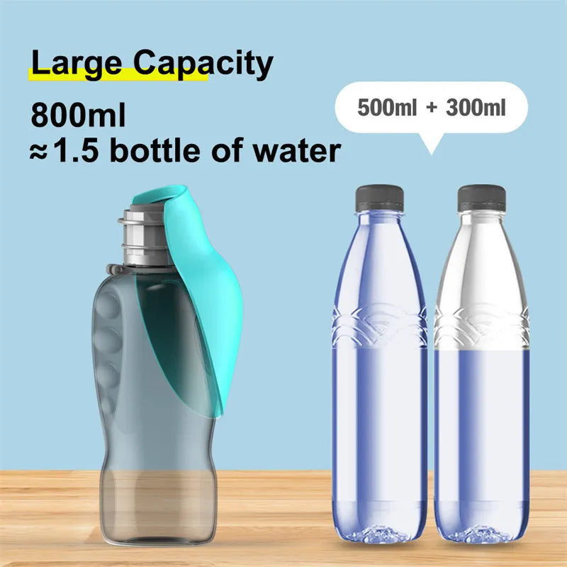 800ml portable dog water bottle with blue foldable drinking bowl and wrist strap