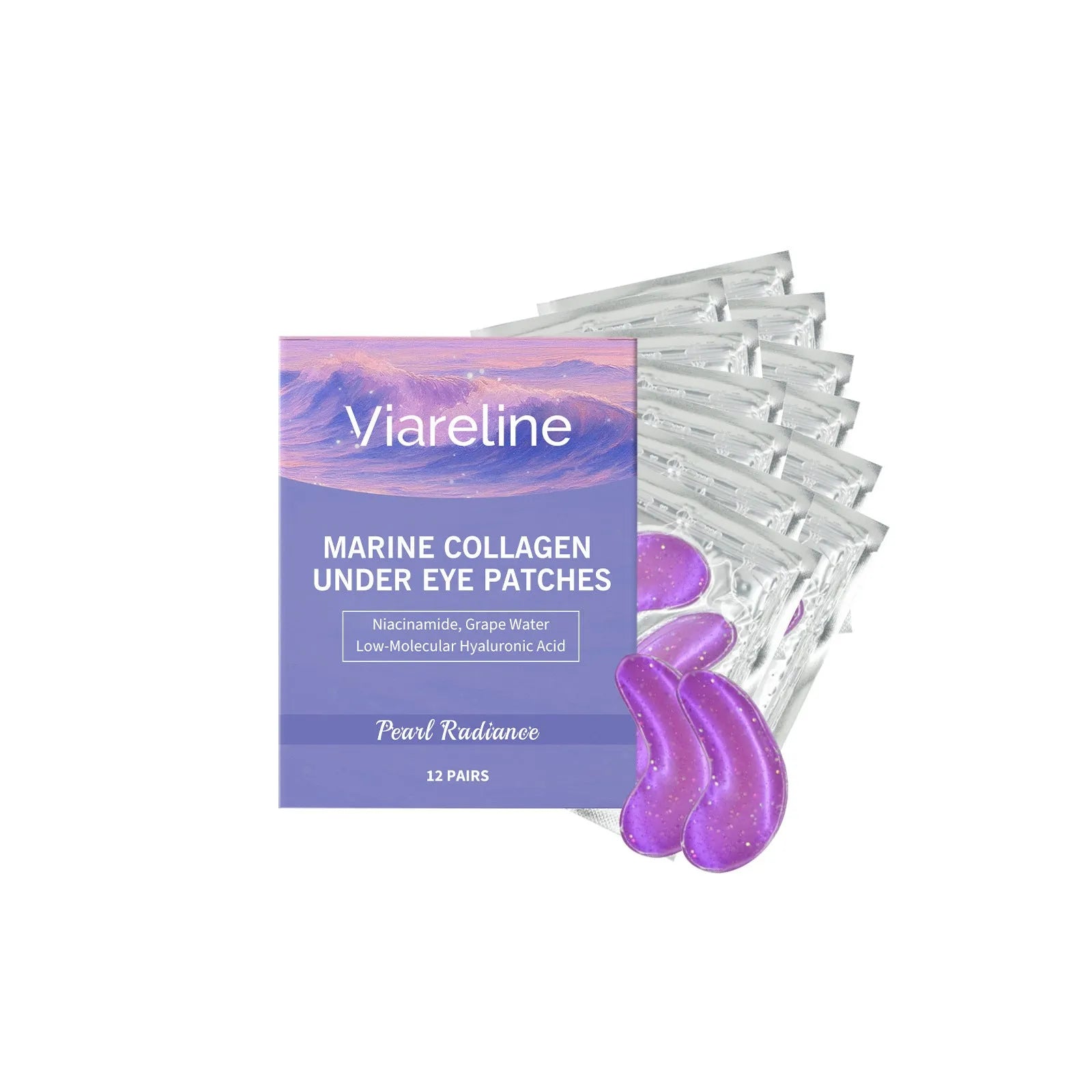 Box of 12 pairs of collagen and hyaluronic acid moisturising eye masks.