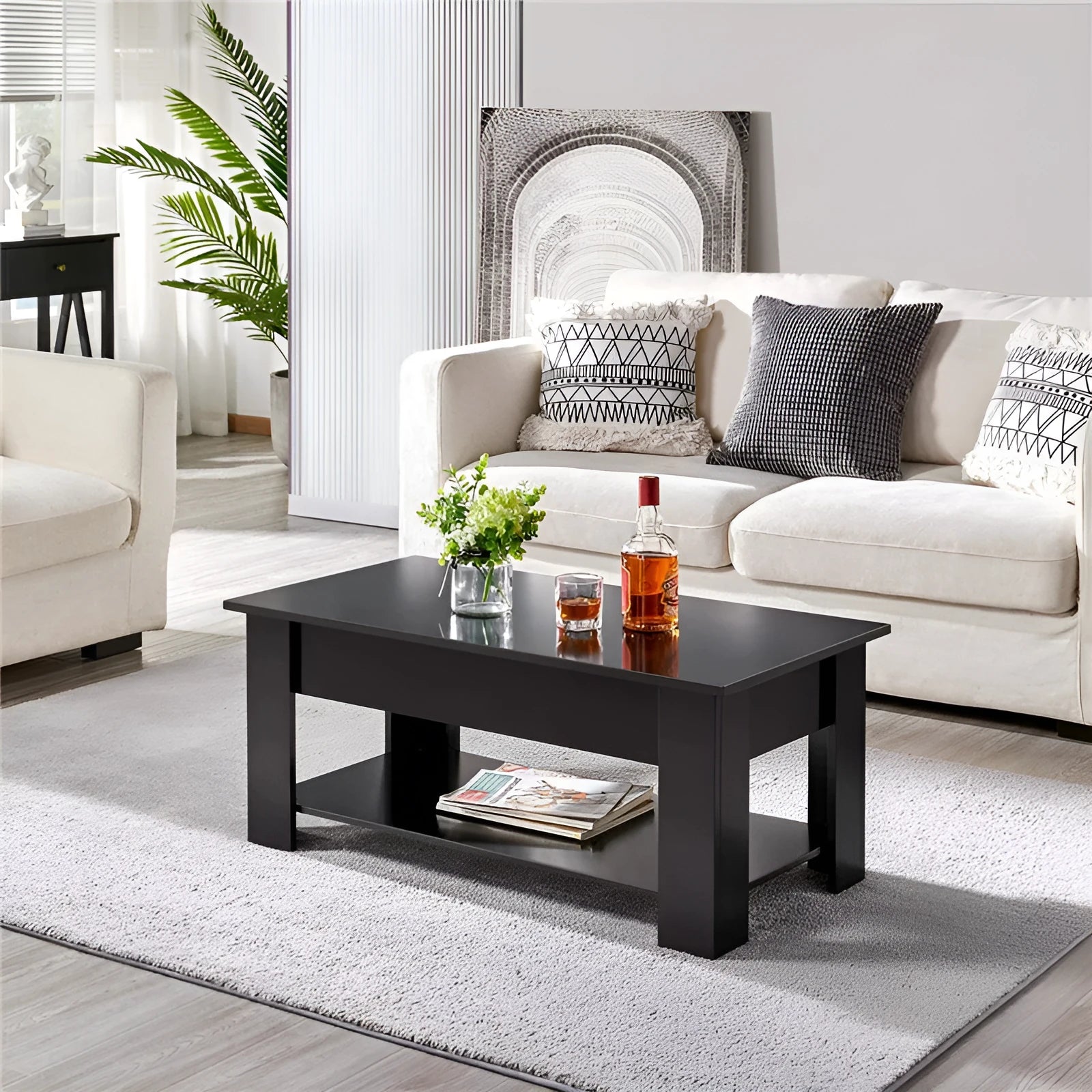 Black lifting coffee table plate type with multi-function height adjustment in modern simplicity style for living room or office