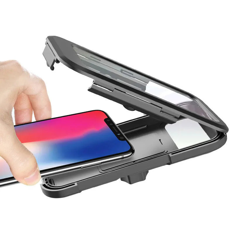 Black waterproof bicycle phone holder mount with magnetic suction on a handlebar, showing adjustable joints.