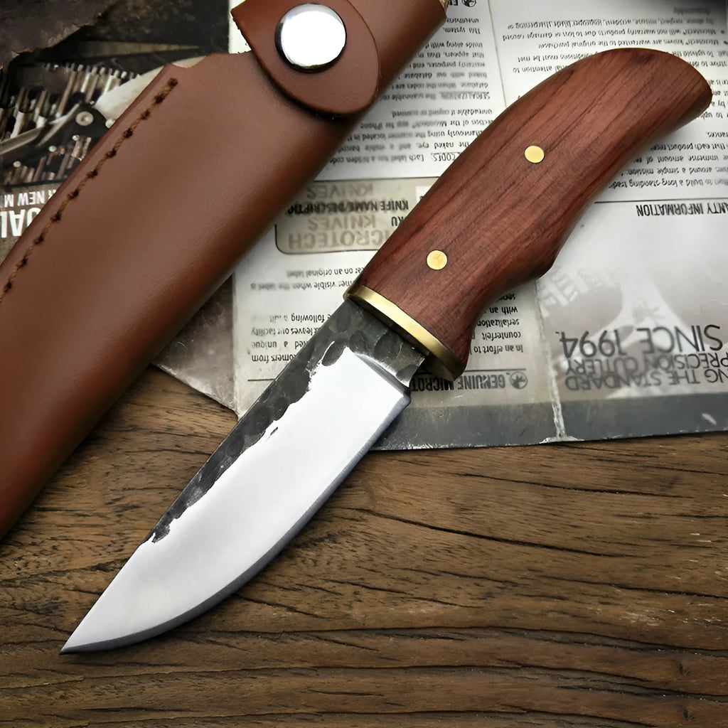 Brown outdoor survival knife with stainless steel 8cm blade and mahogany handle