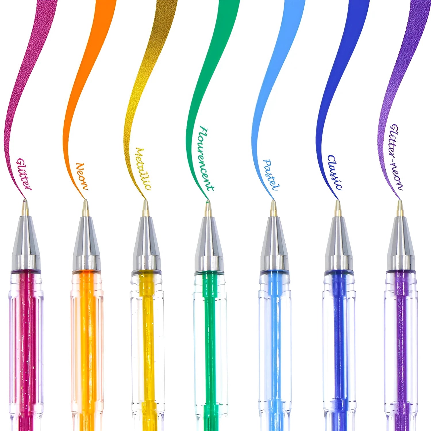 Set of 100 assorted colour gel pens with plastic shells on a white background.