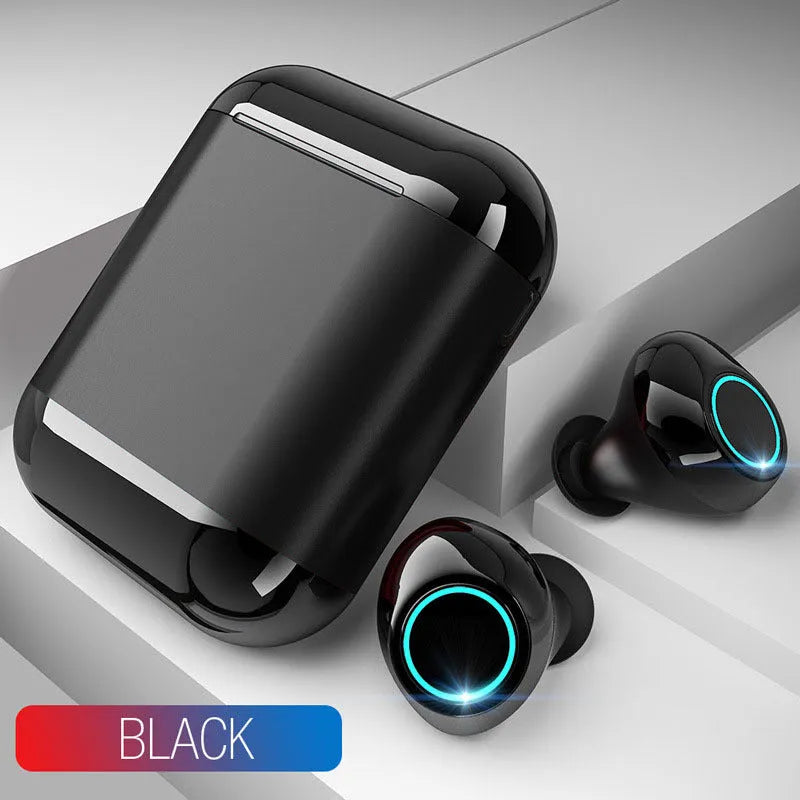 Black TWS Bluetooth wireless earbuds with charging case showing IP5X dust resistance rating