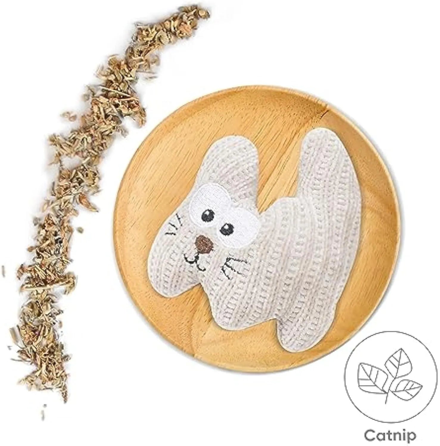 Cyan and light coffee plush cat toy with rope, containing catnip and a bell