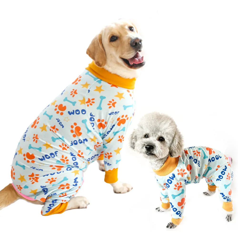 Cotton dog jumpsuit pet clothing in a printed pattern, shown in one of 42 available colours, sized for a small to medium dog.