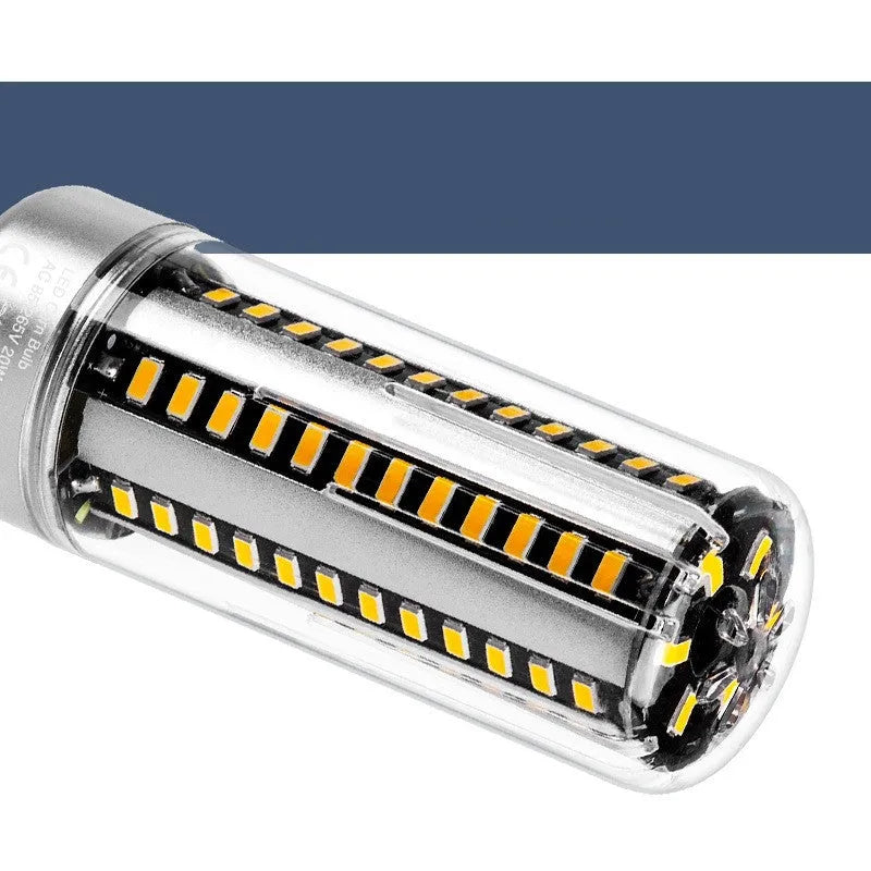 Silver aluminium LED corn lamp light bulb with E27 bayonet cap.