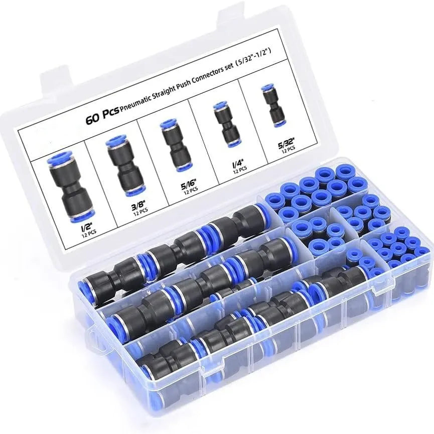 60-piece quick pneumatic push-in connector set with alloy plastic construction