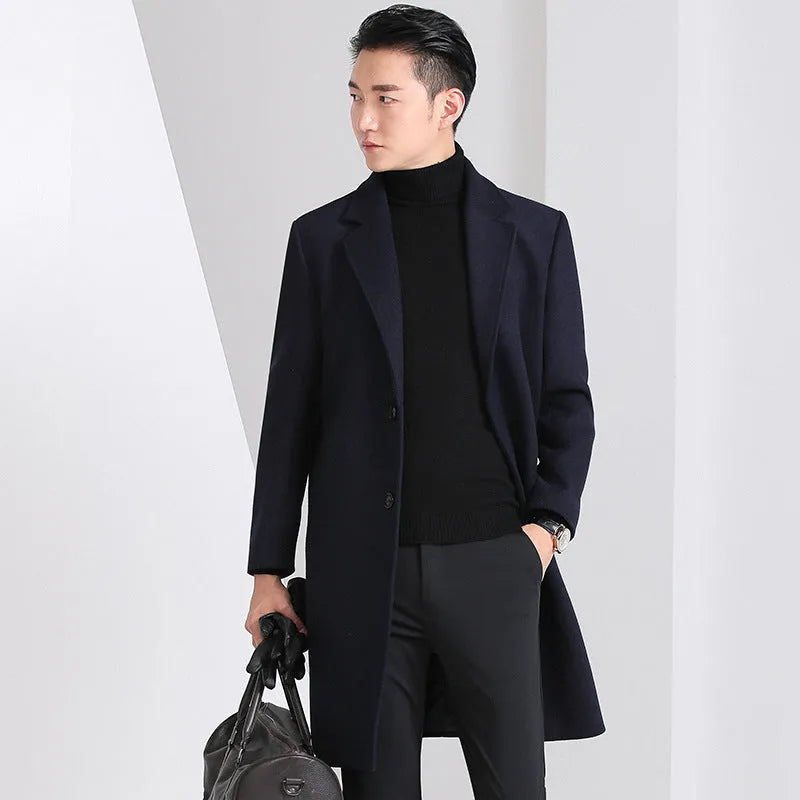Men's slim-fit Korean-style mid-length wool coat in black, grey, navy blue, and wine red solid colours with side seam pockets