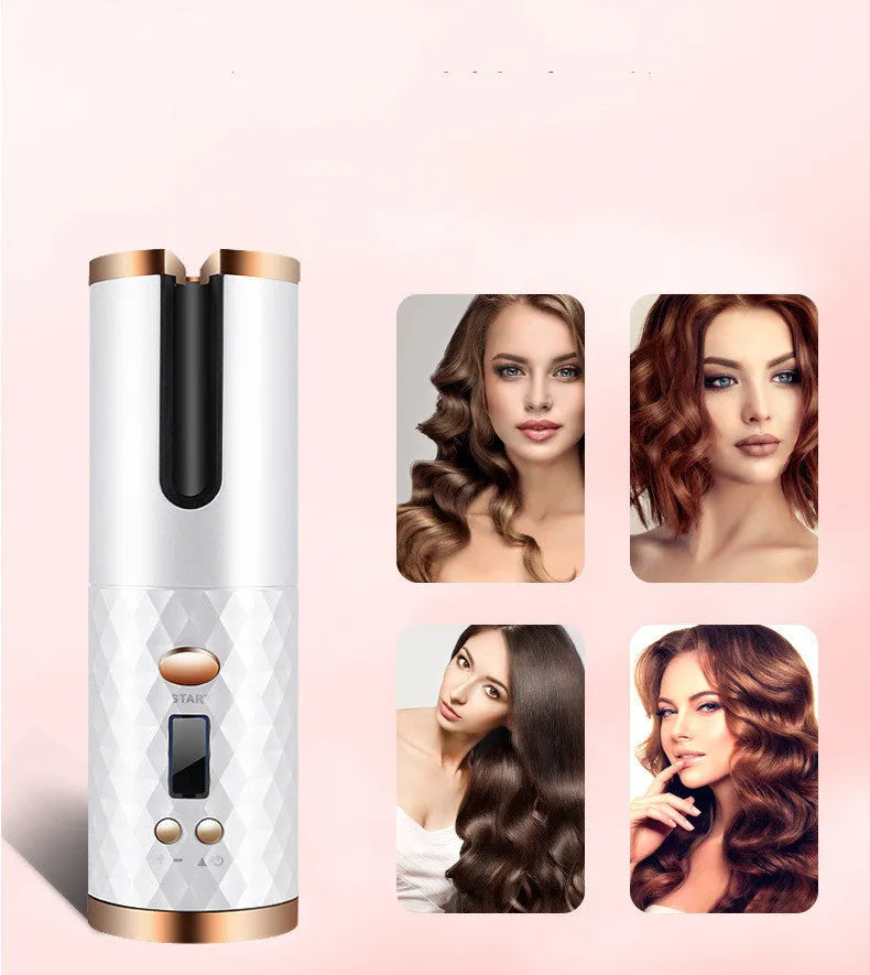 Black rechargeable automatic hair curler with LCD display and rotating ceramic barrel.