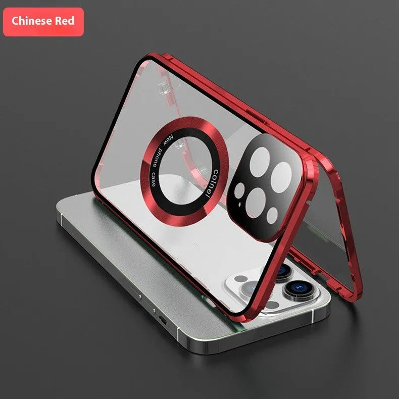 Metal phone case with anti-peep privacy screen for iPhone 16 Pro Max in black, magnetic wireless charger compatible