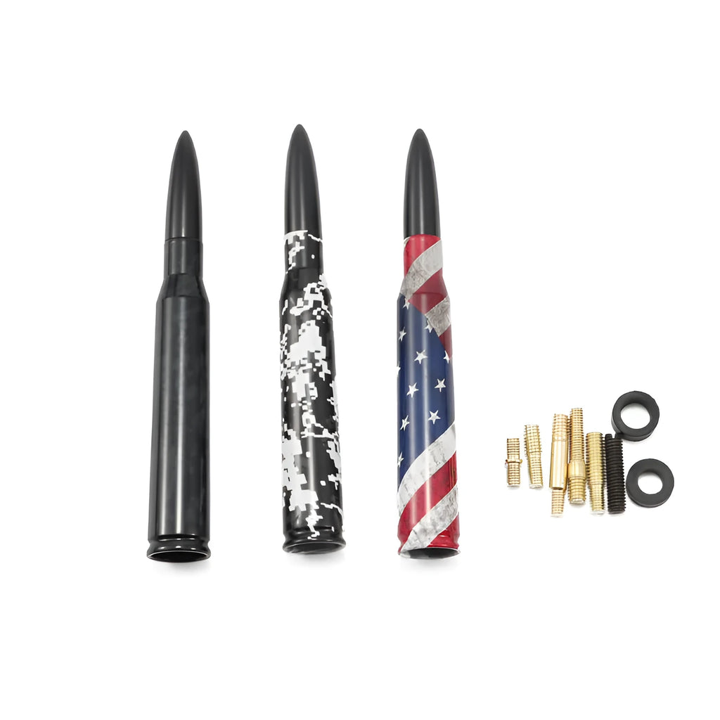 14cm long bullet-shaped car antenna in camouflage green, black, and American flag designs