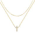S925 sterling silver double-layer twin diamond cross pendant necklace on a delicate clavicle chain.