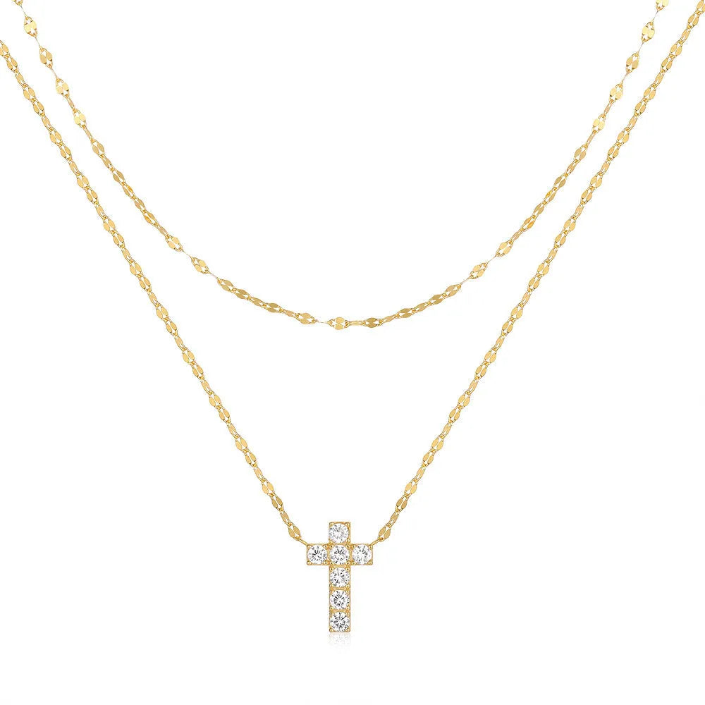 S925 sterling silver double-layer twin diamond cross pendant necklace on a delicate clavicle chain.