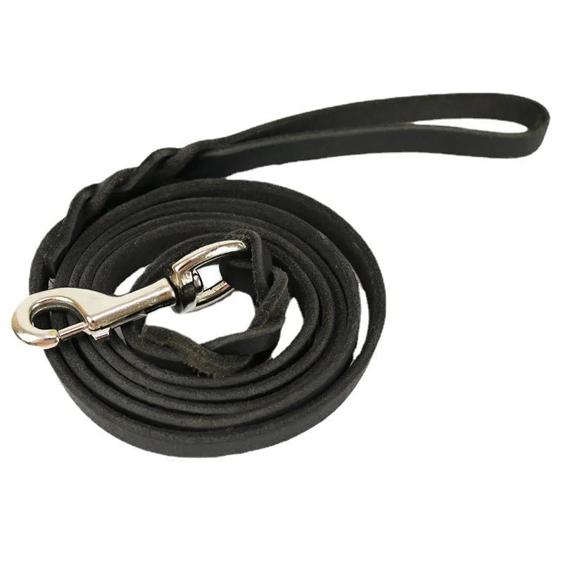 Thickened cowhide leather dog walking rope in light brown or black, shown in various lengths.