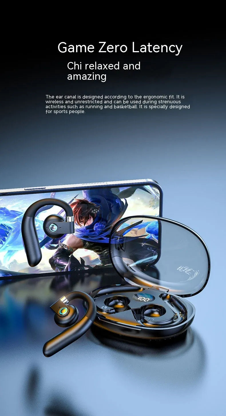 Black ear-mounted non-in-ear Bluetooth headset with charging case and cable