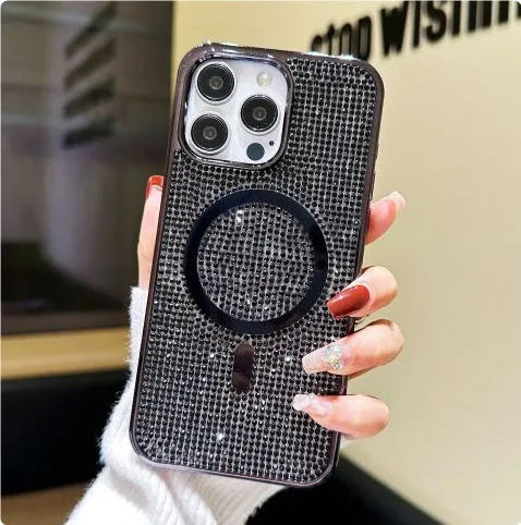 Rhinestone electroplating TPU phone case for iPhone 17 with diamond magnetic suction, black colour