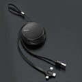 Black telescopic three-in-one fast charging data cable extended to 1 metre, showing Micro-USB, Lightning, and Type-C connectors.