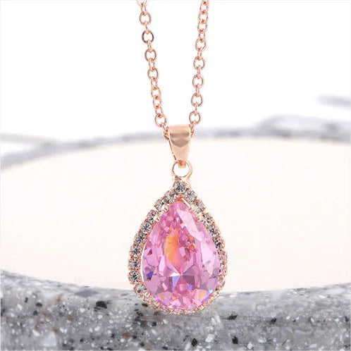Geometric rhinestone water drop necklace in rose gold electroplated finish