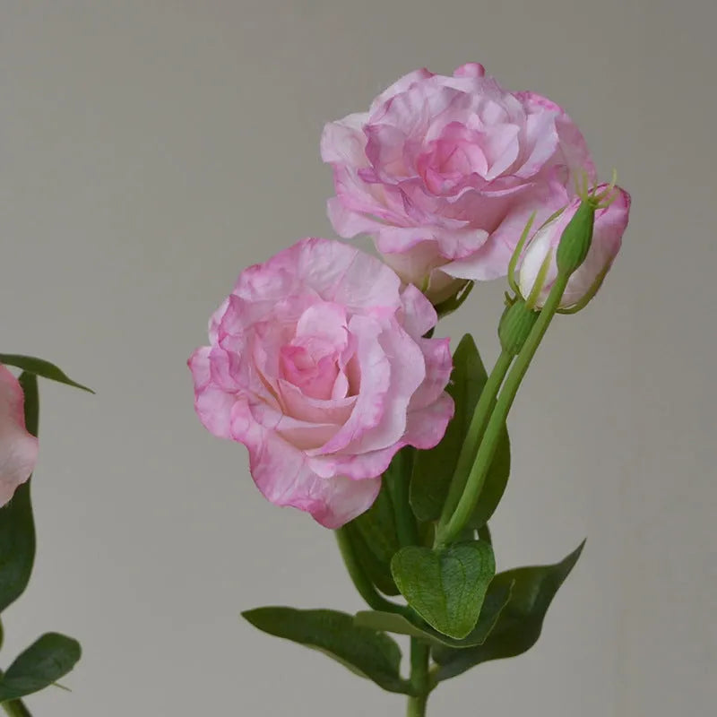 Artificial silk eustoma flower with 3 heads in beige colour, 22cm total length, on white background