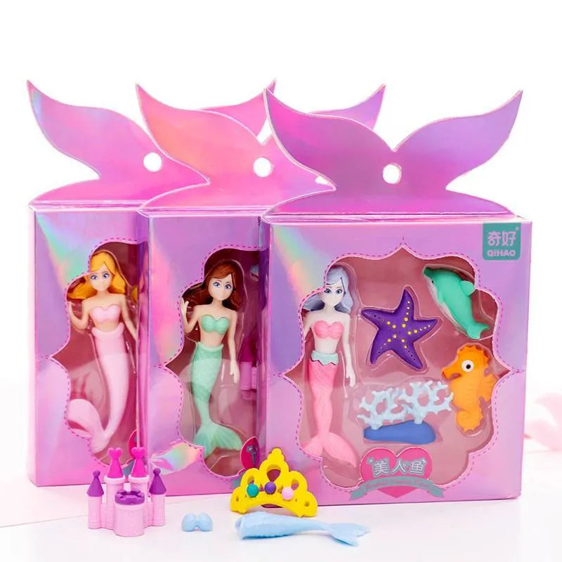 Flower Fairy Eraser Suit showing twelve TPR erasers with fairy and mermaid designs in a 14x13 cm box