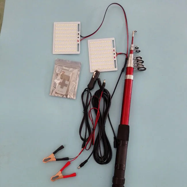 White LED fishing rod light unit on a tall telescopic pole with a remote control for outdoor use.