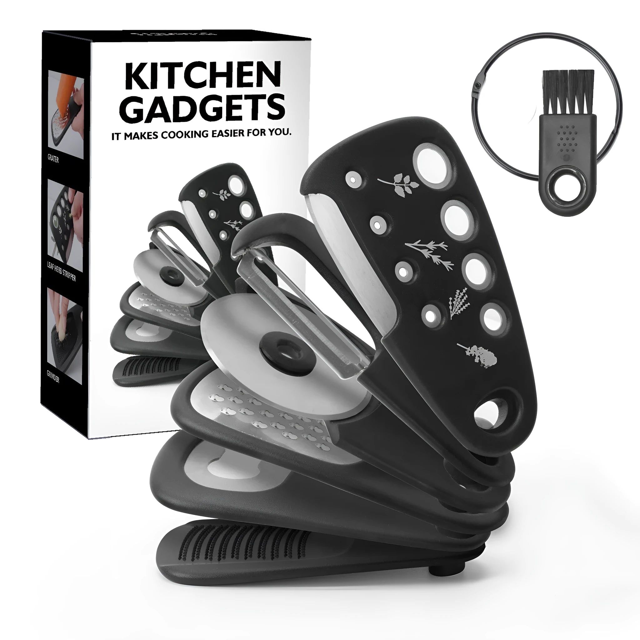 Stacking tower kitchen gadget set with six tools and cleaning brush in colour box packaging